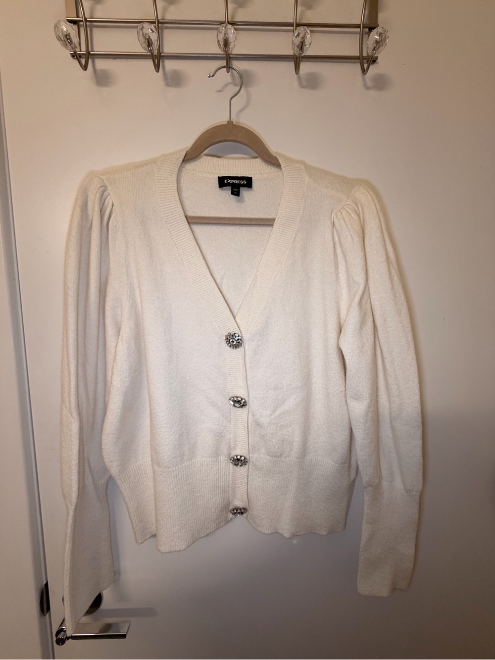 Express Ivory Puff-Sleeve V-Neck Button Cardigan